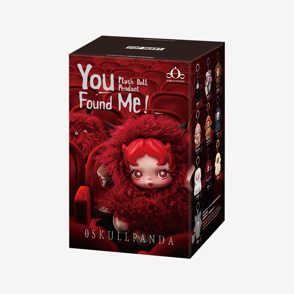 Skullpanda Red plush doll pendant packaging with 'You Found Me!' text on a white background