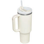 White Stanley tumbler with handle and straw on a white background