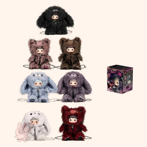 Collection of Maymei Rebel Doll plush toys in various colors with a box on a white background
