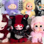 Pop-Mart-Have-a-good-run Collection of colorful plush toys with unique designs on a pegboard.