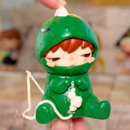 Pop Mart Hirono Echo Toy figure of a character in a green dinosaur costume holding a bow and arrow.