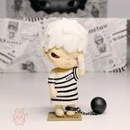 Pop Mart Hirono Little Mischief Figurine with white hair and striped outfit on a light background