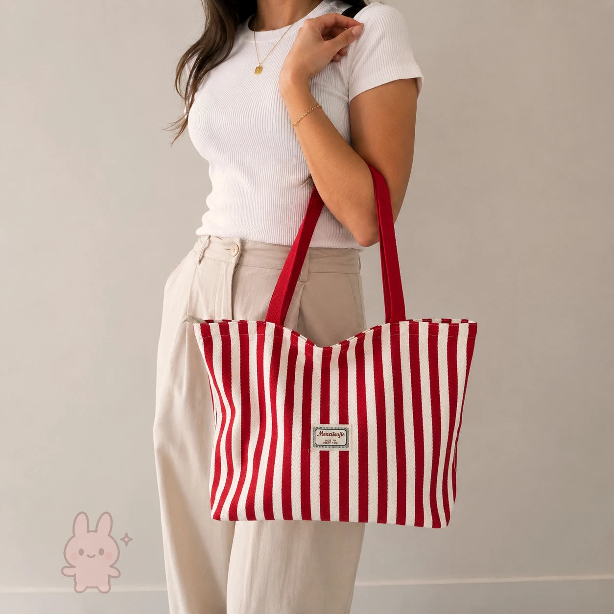 Red & White Striped Canvas Tote Bag