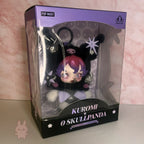 SKULLPANDA KUROMI Plush toy in packaging with 'Pop Mart' branding on a pink marble background