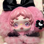 Skullpanda x My Melody Plush toy with pink hair and black bows on a soft background