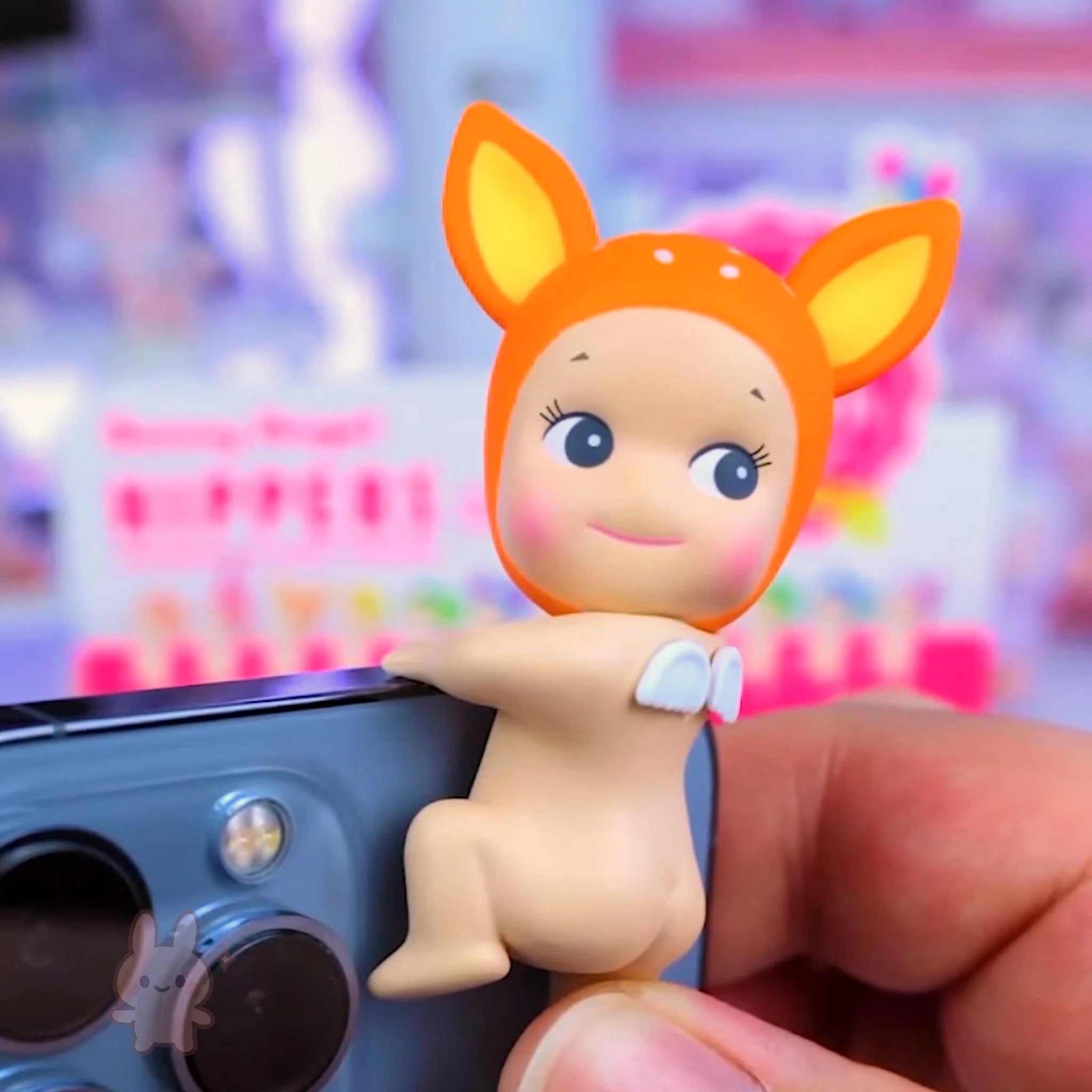 Sunny Angel Hippers Toy figure with orange head and blue eyes held by a hand against a colorful blurred background