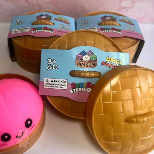Dim Sum Mystery Squishy toy packaging with a pink squishy item on a white background