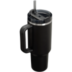Black insulated mug with handle and straw lid on a white background