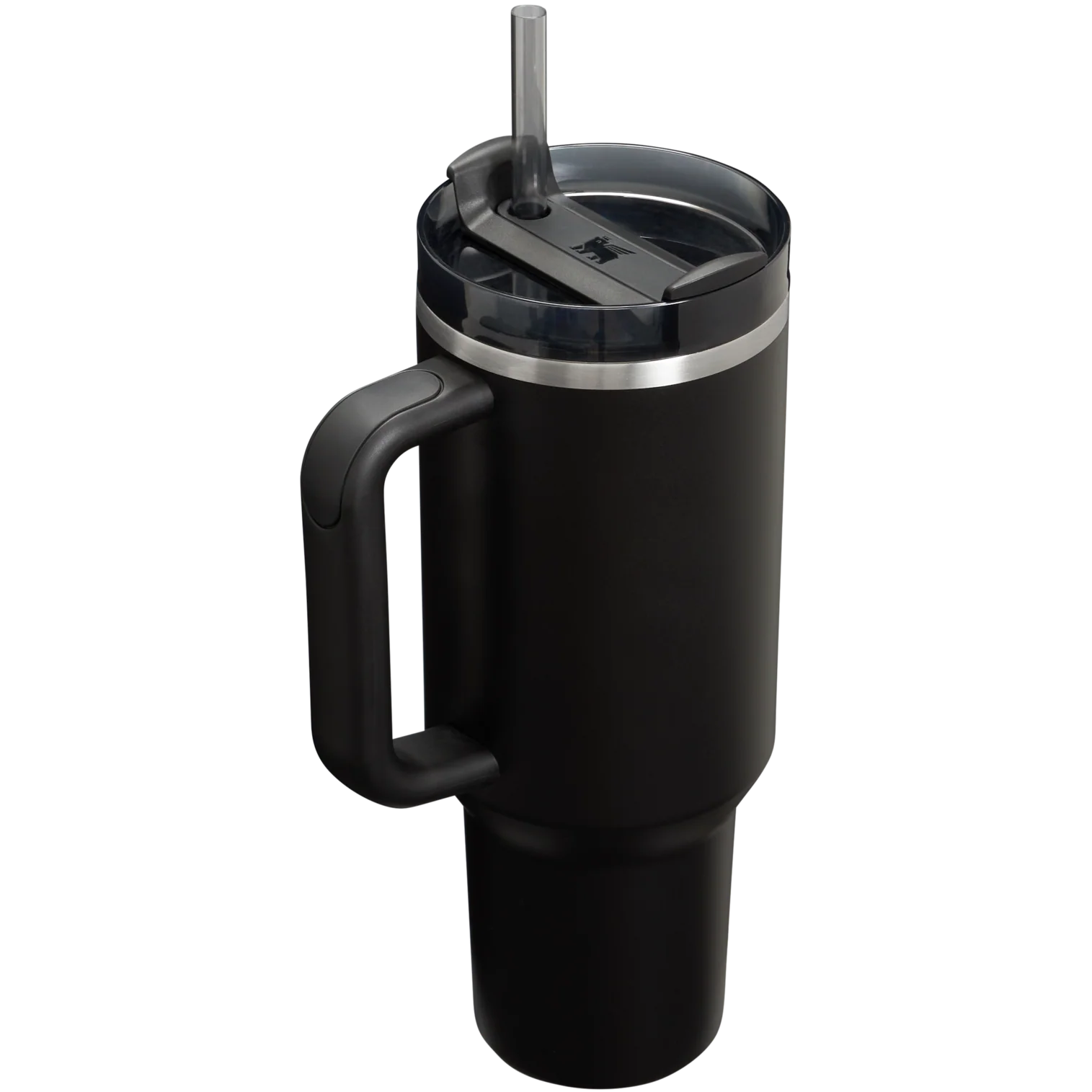 Black insulated mug with handle and straw lid on a white background