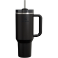 Black insulated mug with handle and straw on a white background
