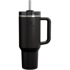 Black insulated mug with handle and straw on a white background