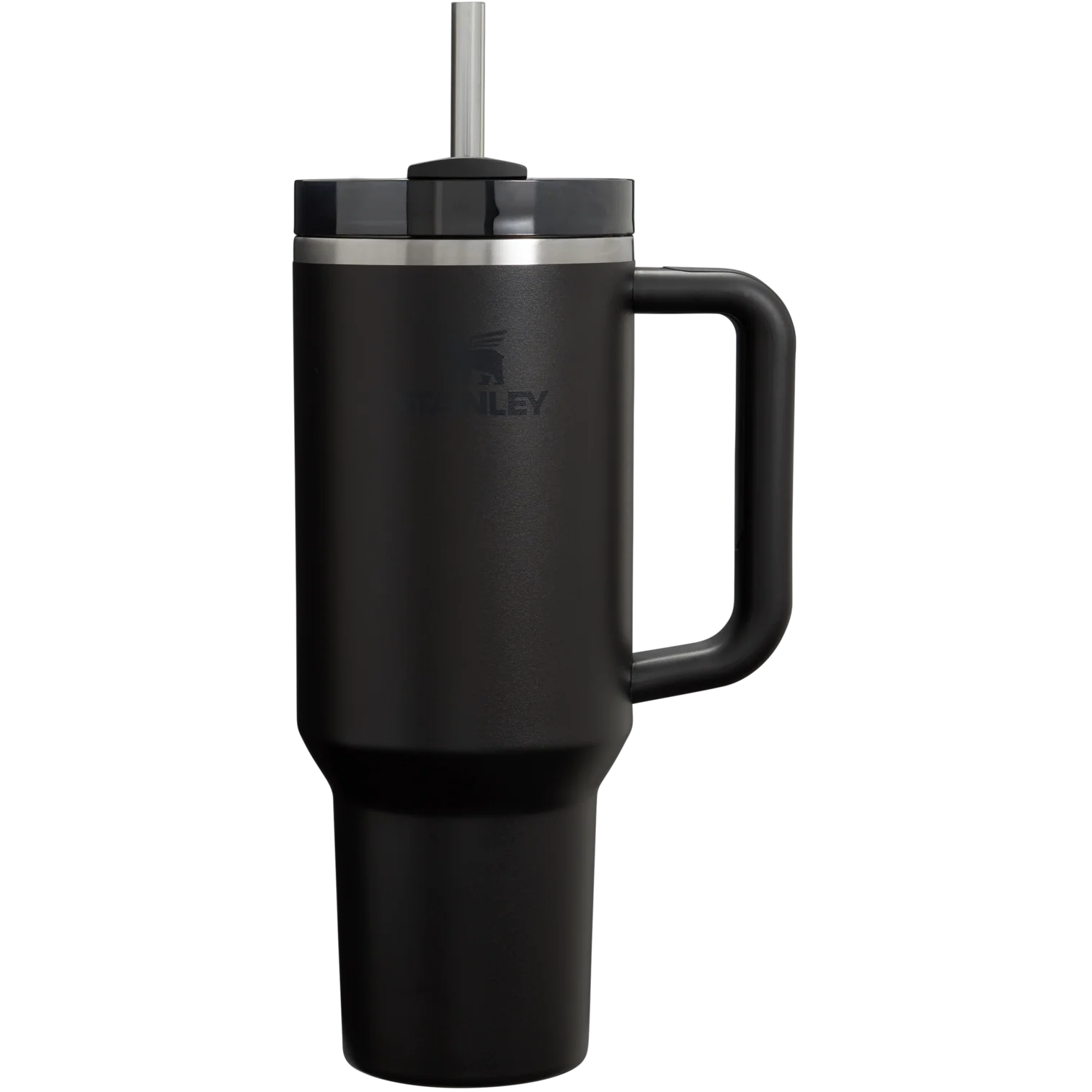 Black insulated mug with handle and straw on a white background