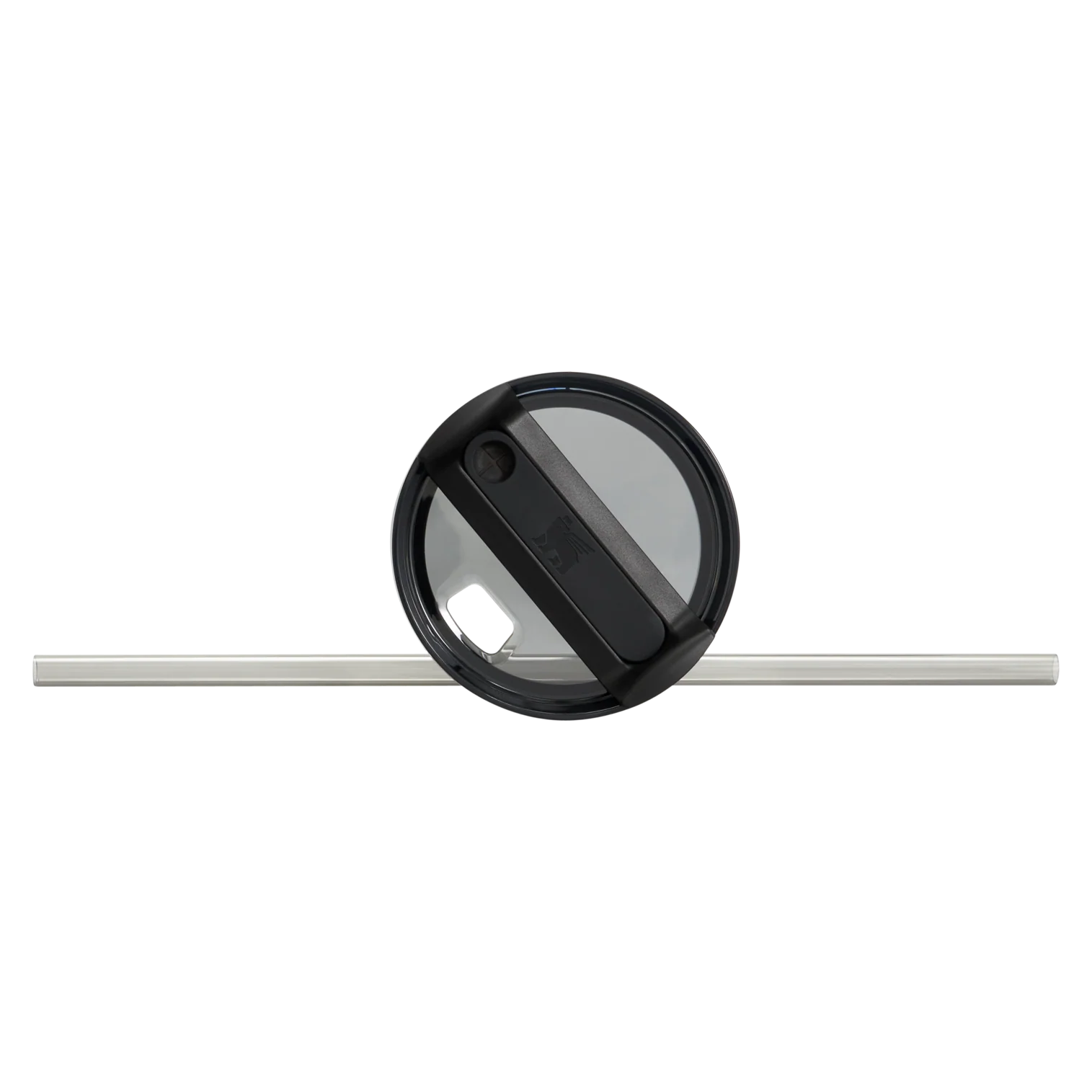Round black mirror with a silver bar on a white background