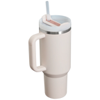 White insulated mug with handle and straw on a white background