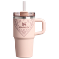 Pink Stanley mug with floral design on a white background