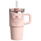 Pink Stanley mug with floral design on a white background