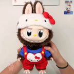 The monsters hello kitty large plush toy with bunny ears and a red bow, held by a person against a neutral background.