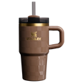 Brown travel mug with handle and straw lid on a white background, featuring Stanley logo.