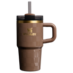 Brown travel mug with handle and straw lid on a white background, featuring Stanley logo.