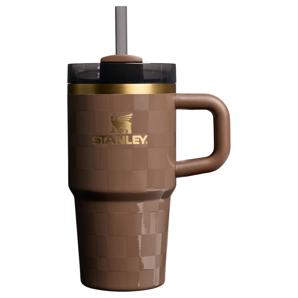 Brown travel mug with handle and straw lid on a white background, featuring Stanley logo.