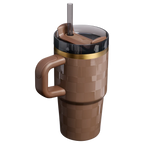 Brown checkered mug with handle and straw on a white background