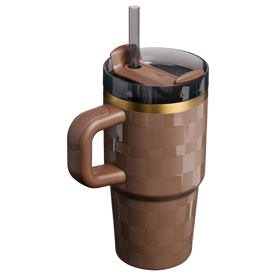 Brown checkered mug with handle and straw on a white background
