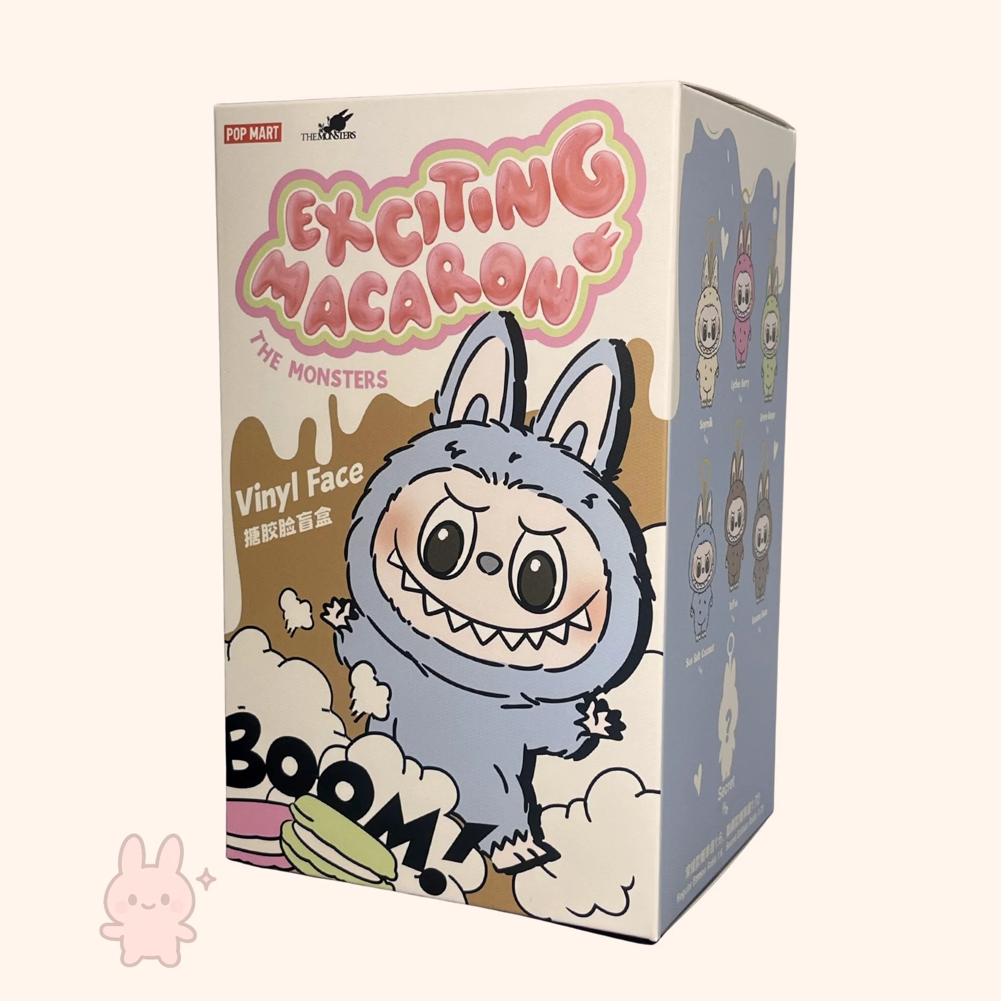 Box of 'Exciting Macaron The Monsters' vinyl figure with cartoon character design.