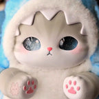 mofusand fluffy kittens Cute plush cat toy with large eyes and pink paws on a blue background