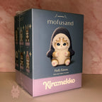 mofusand fluffy kittens Plush toy packaging with 'mofusand' and 'Kiramekko' branding on a pink background