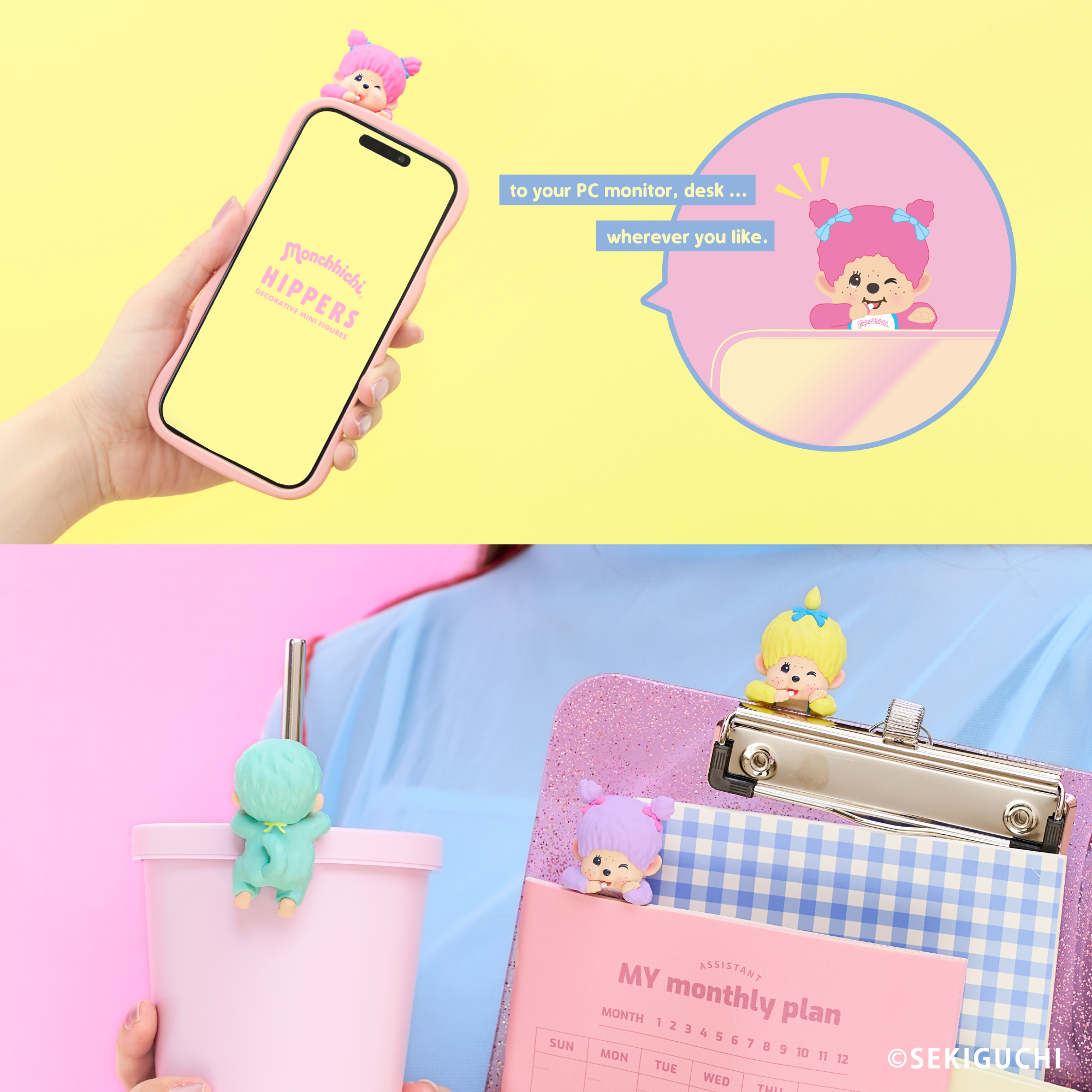 English guide showing how to use Monchhichi HIPPERS on a phone laptop and cup