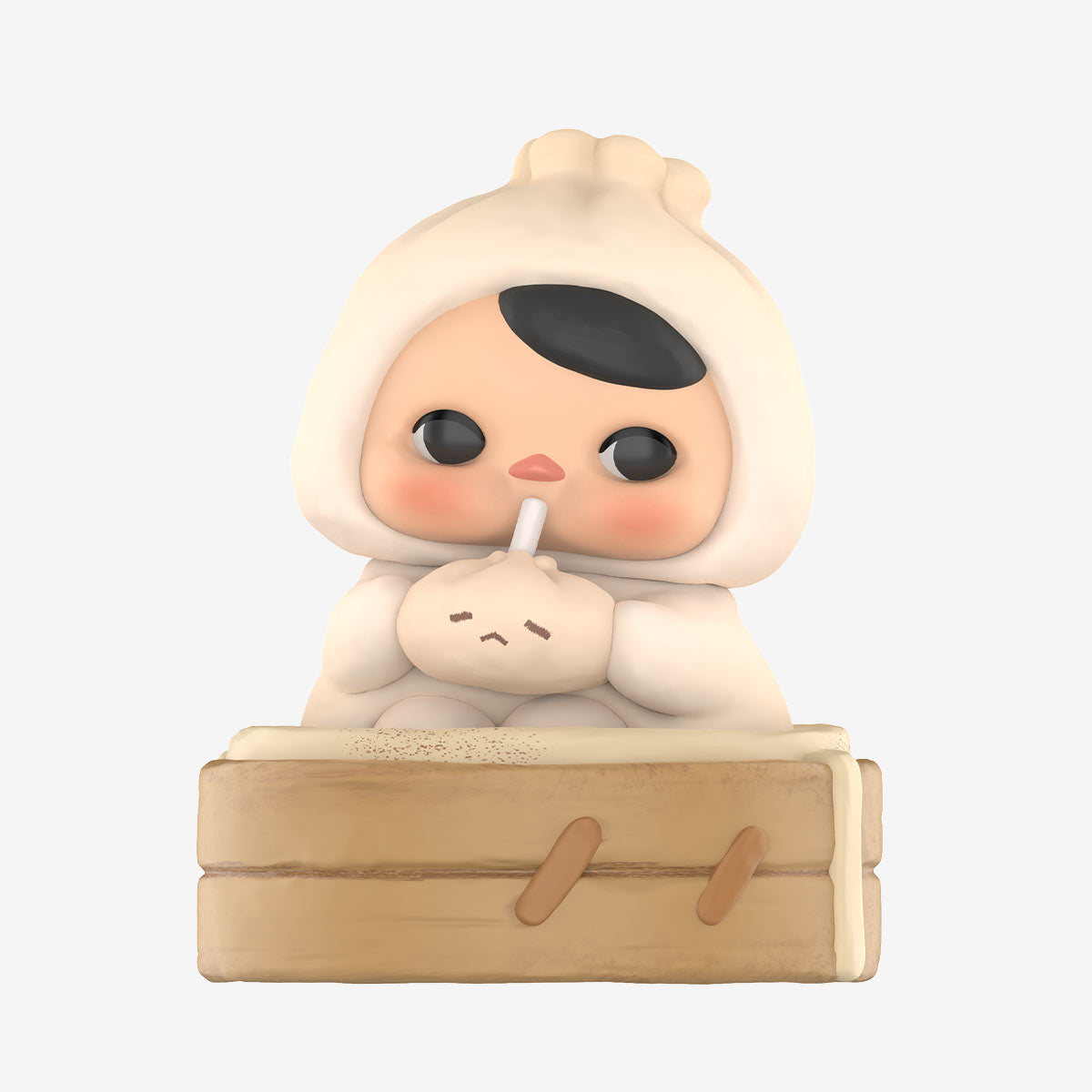 PUCKY steamed-bun figure in a bamboo basket