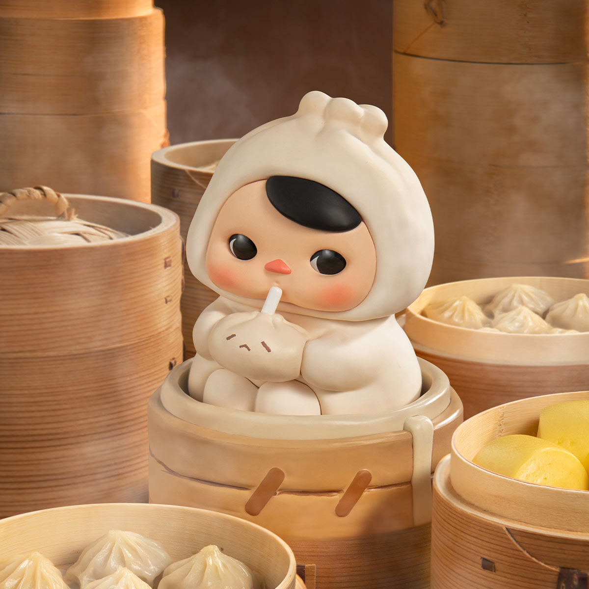 PUCKY dumpling figure in a bamboo steamer