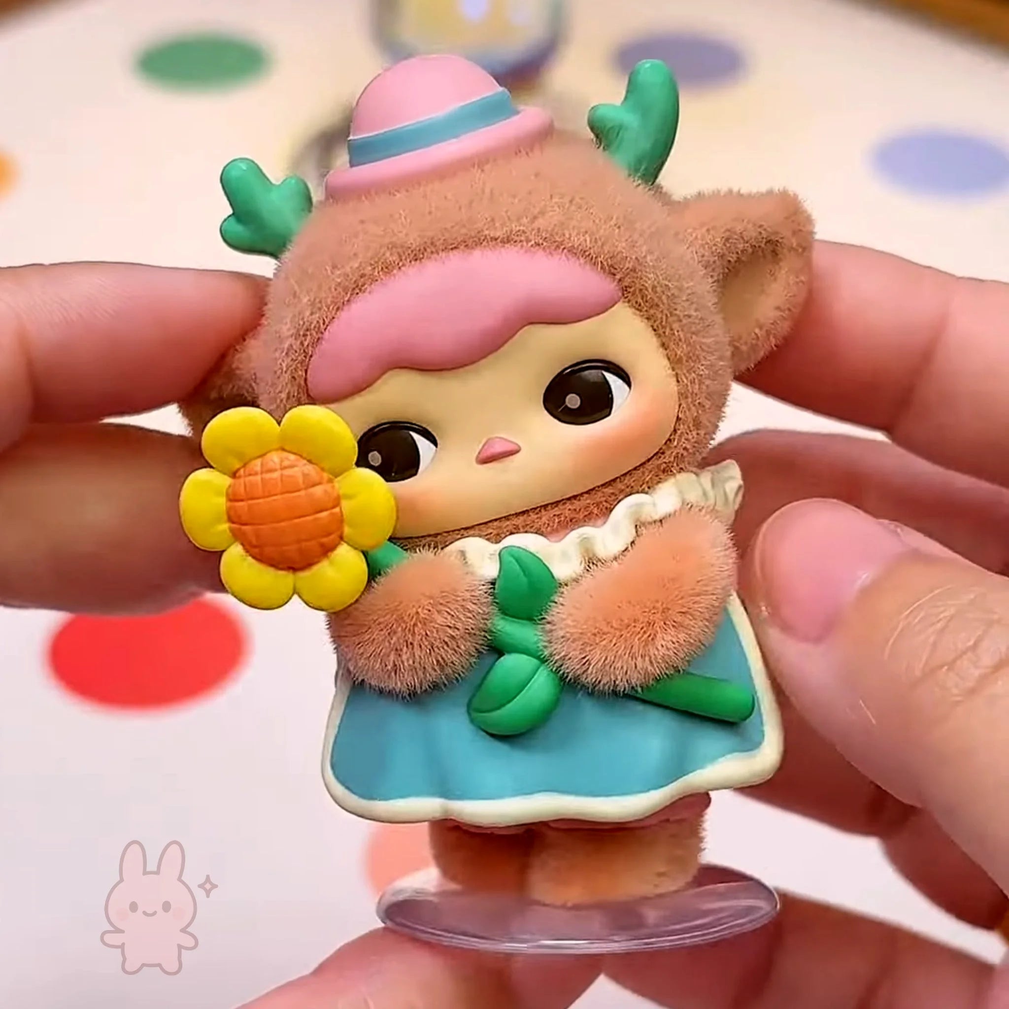 pucky faries market Small figurine of a cute character holding a flower, held by a hand against a colorful polka dot background.