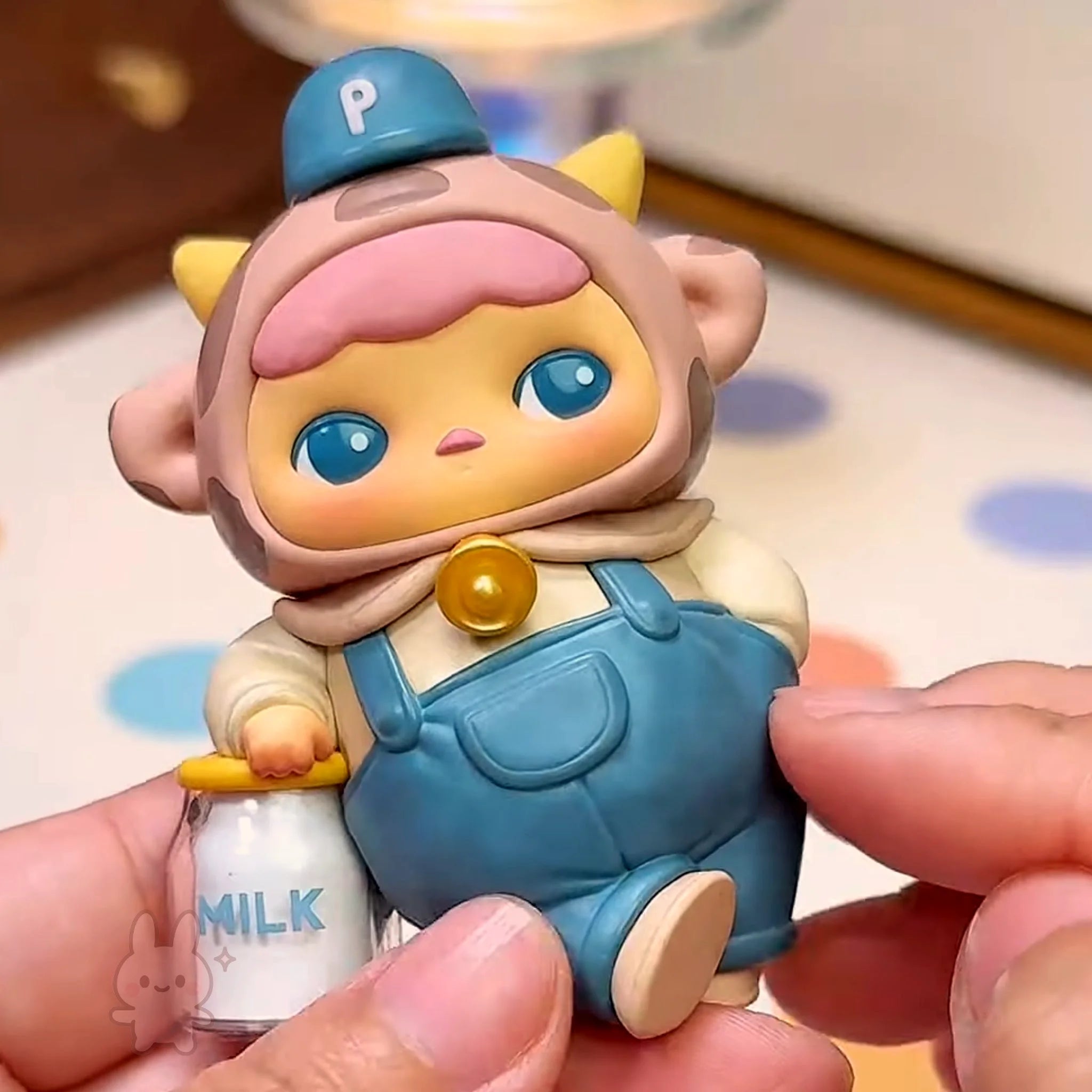 pucky faries market Toy figure of a character with blue overalls and a milk bottle held by a hand.
