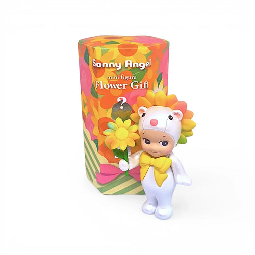 Sonny Angel Flower Gift Series blind box with the Sunflower Lion Rainbow figure on a white background