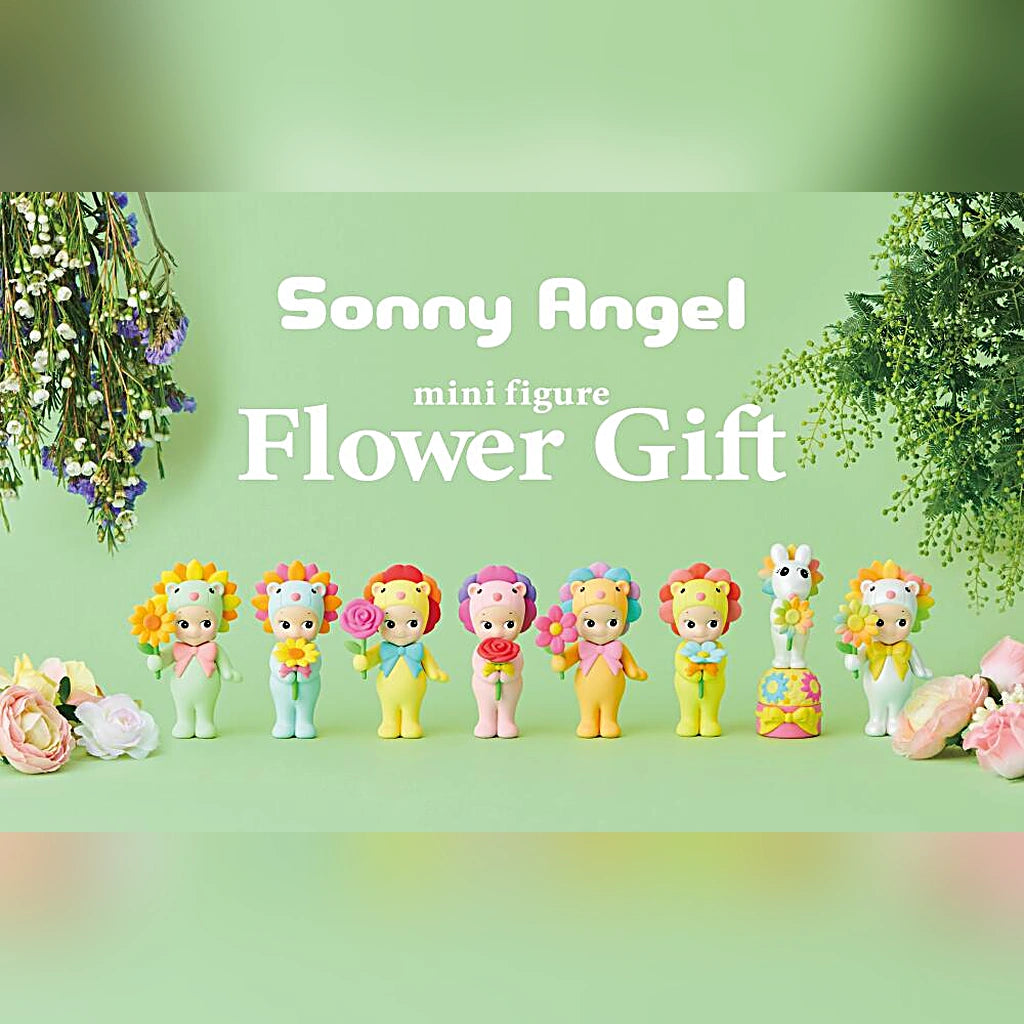 Sonny Angel Flower Gift Series lineup of eight lion figures holding flowers