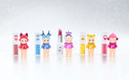 Sonny Angel x shu uemura Makeup Angel Series lineup of five figures beside shu uemura cosmetics