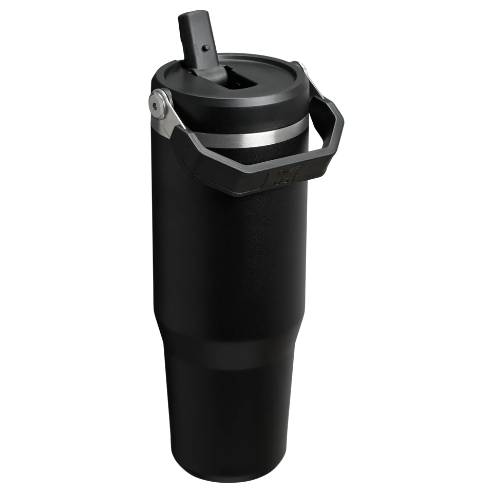 Stanley IceFlow Flip Straw 2.0 Tumbler 0.89L in Black 2.0, rear view with flip straw raised