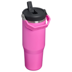 Stanley IceFlow Flip Straw 2.0 Tumbler 0.89L in Hot Pink, rear angle with flip straw raised
