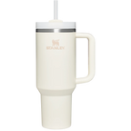 White Stanley mug with handle and straw on a white background