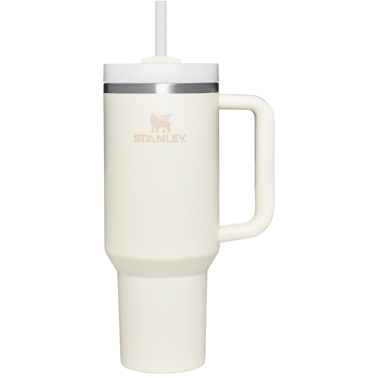 White Stanley mug with handle and straw on a white background