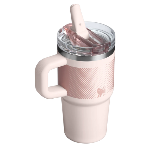 Stanley Quencher ProTour Flip Straw Tumbler 0.59L in Rose Quartz Fade, rear view with straw open