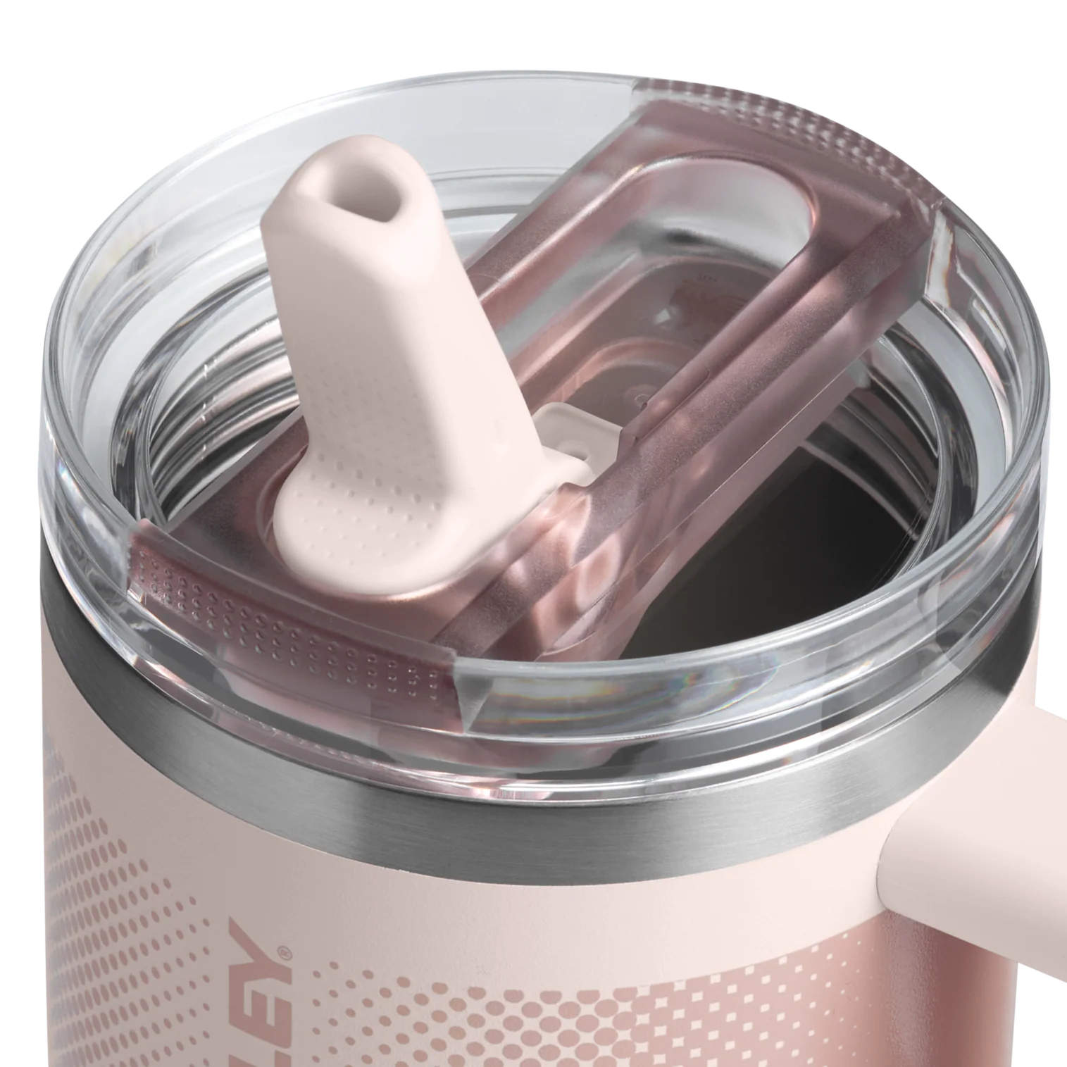 Rose Quartz Fade Flip Straw lid detail on the Stanley Quencher ProTour 0.59L tumbler