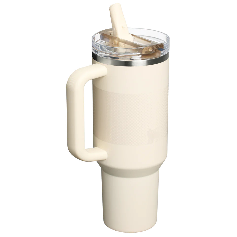 Stanley Quencher ProTour Flip Straw Tumbler 1.18L in Cream Fade, rear view with straw open
