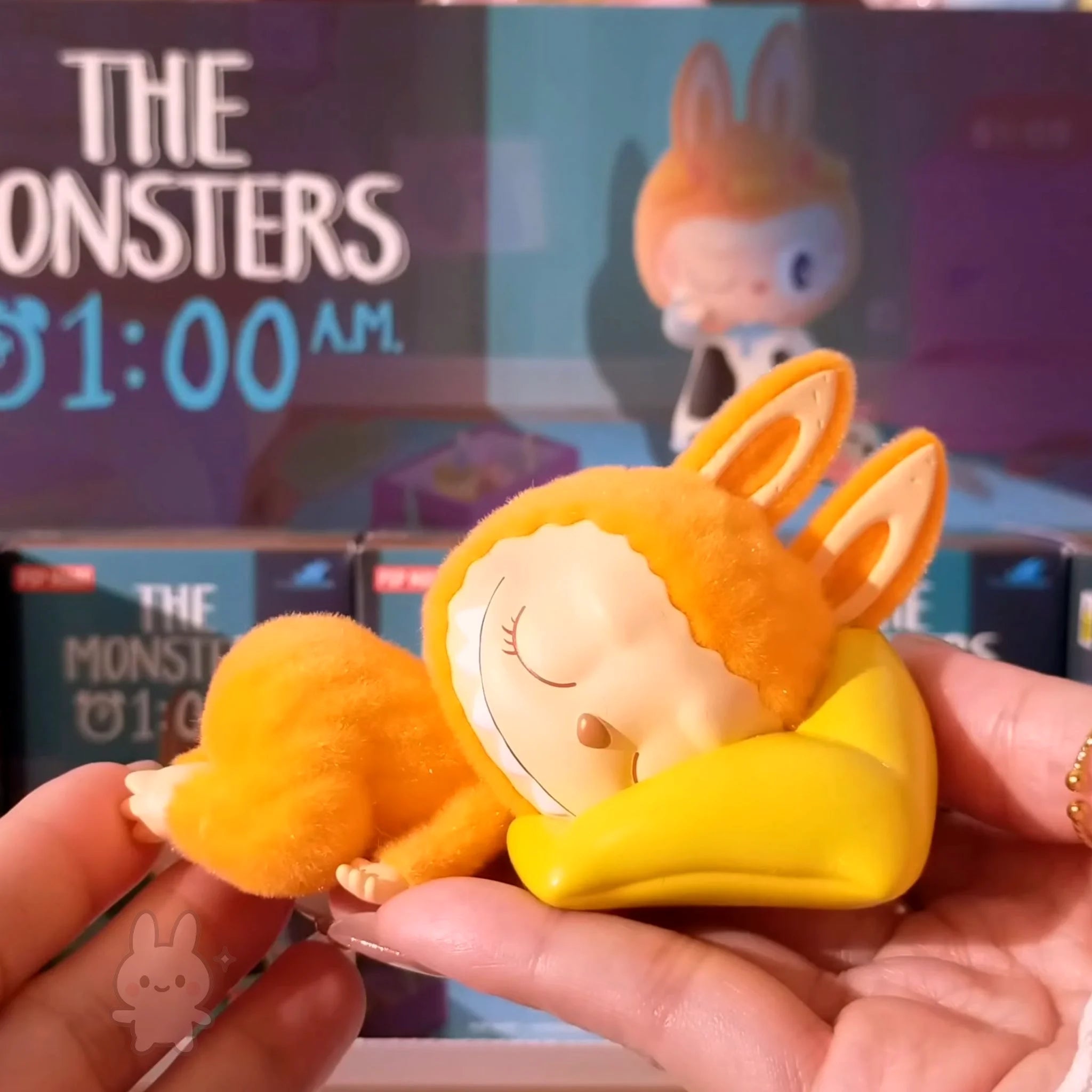 the-monster-1am-series Plush toy resembling a cartoon character with bunny ears held by a hand, with 'The Monsters 1:00 AM' in the background.