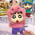 shinchan Toy figure with pink hood and purple outfit in a store setting