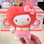 hello kitty Plush toy resembling a character in a red hood and pink dress held in front of Hello Kitty products.
