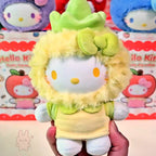 hello kitty Plush toy resembling a character with a green hat and yellow outfit, held in front of Hello Kitty branded products.